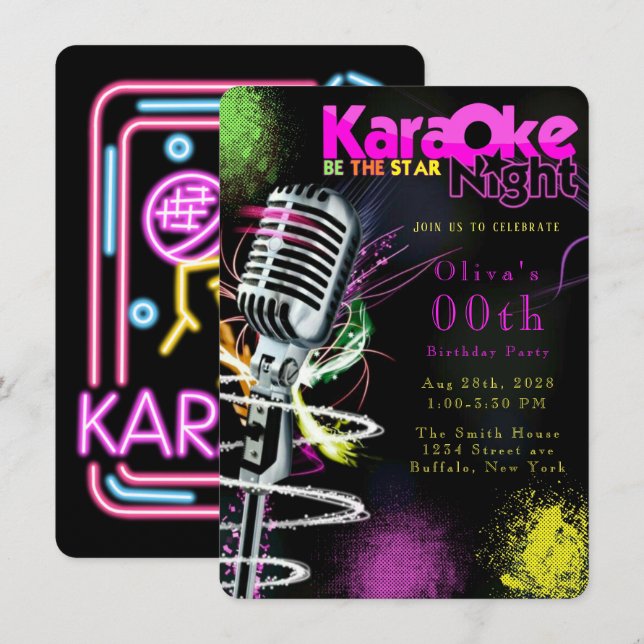 Pink Neon Black Karaoke 00th Birthday Party Invitation (Front/Back)