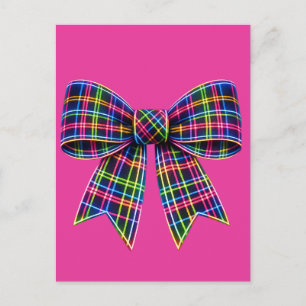 Pink Neon Bow Tartan Ribbon Scottish Cute Postcard
