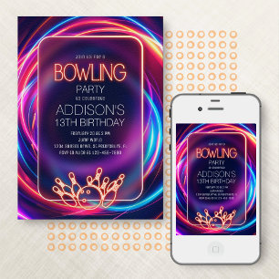 Pink Neon Bowling Birthday Invitation