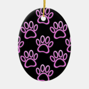 Pink Neon Dog Paw Print Ceramic Tree Decoration
