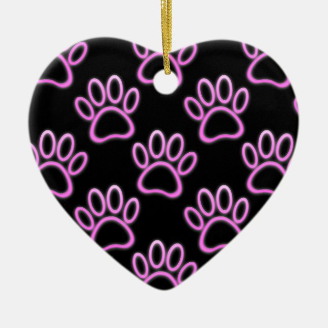 Pink Neon Dog Paw Print Ceramic Tree Decoration (Front)