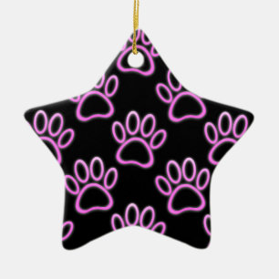 Pink Neon Dog Paw Print Ceramic Tree Decoration