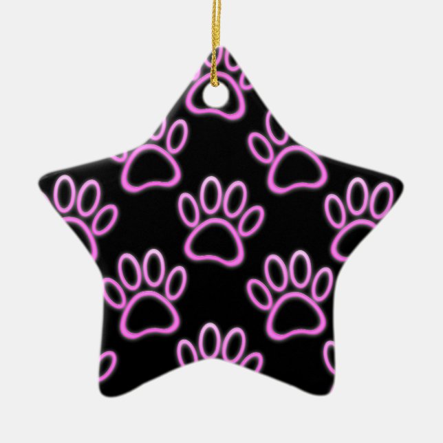 Pink Neon Dog Paw Print Ceramic Tree Decoration (Front)