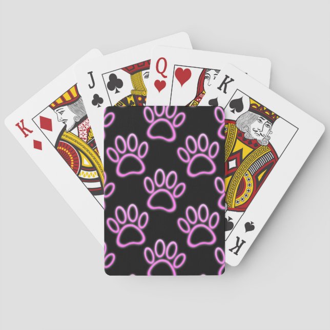 Pink Neon Dog Paw Print Playing Cards (Back)
