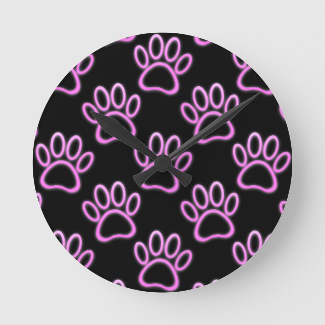 Pink Neon Dog Paw Print Round Clock (Front)