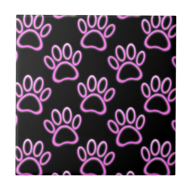 Pink Neon Dog Paw Print Tile (Front)