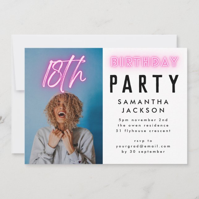 Pink Neon Elegant Ombre 18TH Birthday Party Photo Invitation (Front)