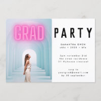 Pink Neon Elegant Ombre Grad Photo Party Invitatio