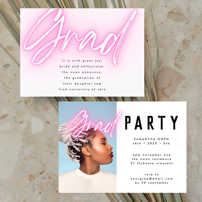 Pink Neon Elegant Ombre Grad Photo Party Invitation (Creator Uploaded)