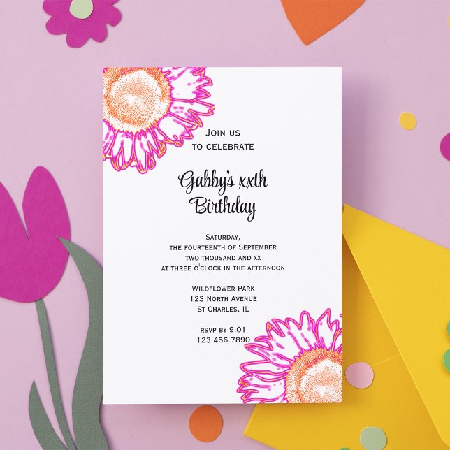 Pink Neon Flower Birthday Party Invitation (Creator Uploaded)