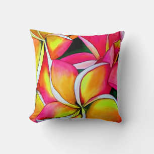 Pink neon Frangipani Plumeria Beach art Cushion