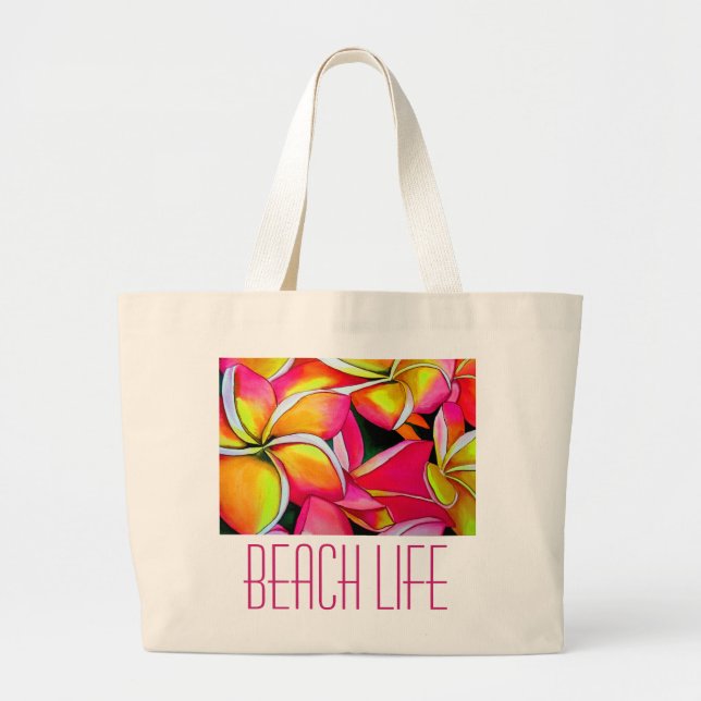 Pink neon Frangipani Plumeria beach art Large Tote Bag (Front)
