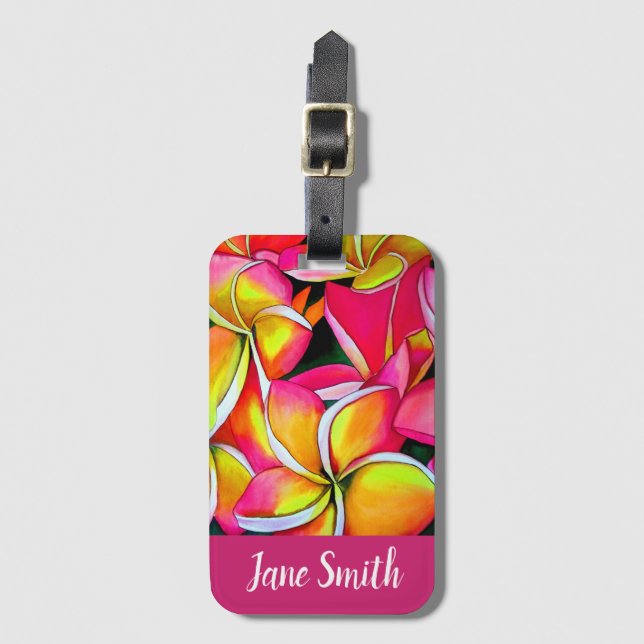 Pink neon Frangipani Plumeria Beach art Luggage Tag (Front Vertical)