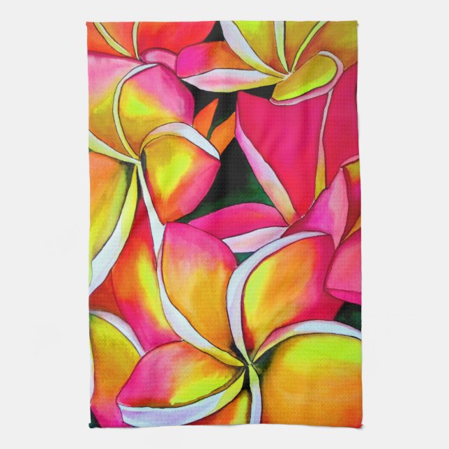 Pink neon Frangipani Plumeria Beach art Tea Towel (Vertical)