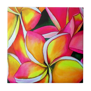 Pink neon Frangipani Plumeria Beach art Tile