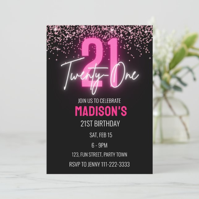 Pink Neon Glitter 21st Birthday Girl  Invitation (Standing Front)