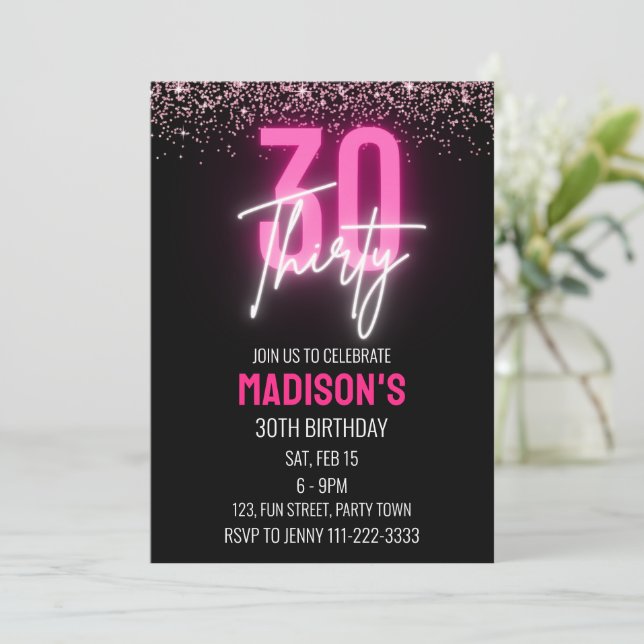 Pink Neon Glitter 30th Birthday Invitation Women (Standing Front)