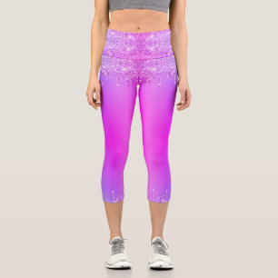 Pink Neon Glitter Drips Dance Party Capri Leggings