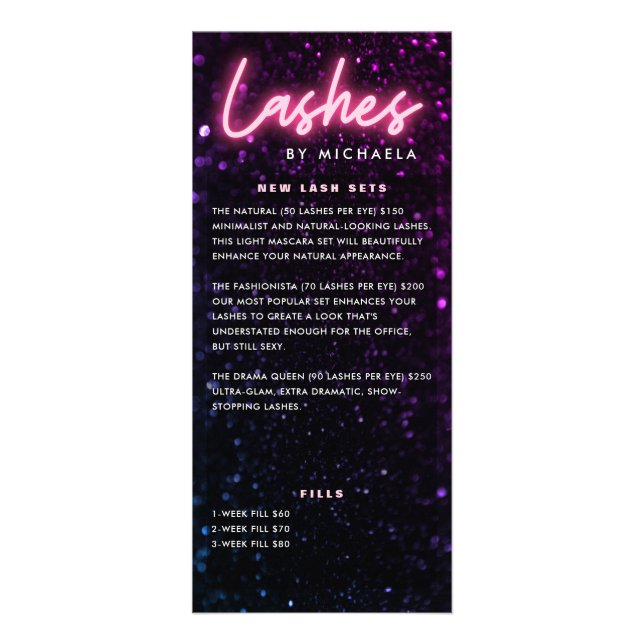 Pink Neon & Glitter Lash Extension Price List Rack Card (Front)