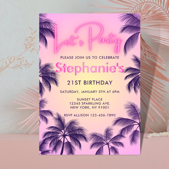 Pink Neon Glow Let's Party Palm Trees in Sunset Invitation (Creator Uploaded)