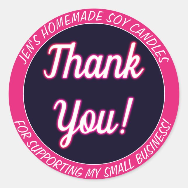 Pink Neon Glow Thank You Business Labels Dark Blue (Front)