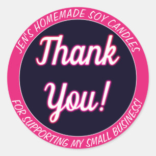 Pink Neon Glow Thank You Business Labels Dark Blue