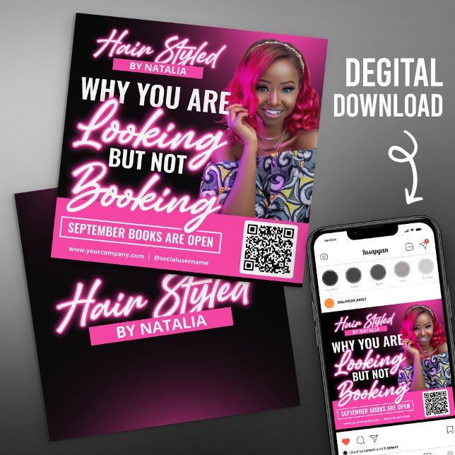 Pink Neon Hair Salon Social Media Post Flyer Card (Creator Uploaded)
