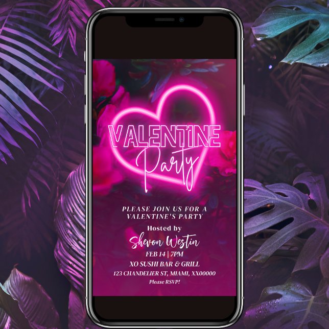 Pink Neon Heart Valentine Party Invitation (Creator Uploaded)