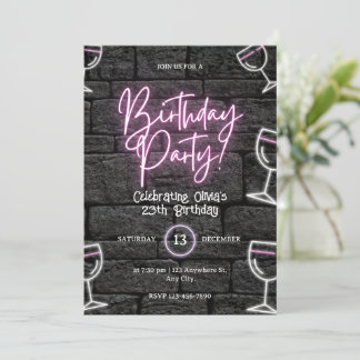 Pink Neon Light Birthday for Women Invitation
