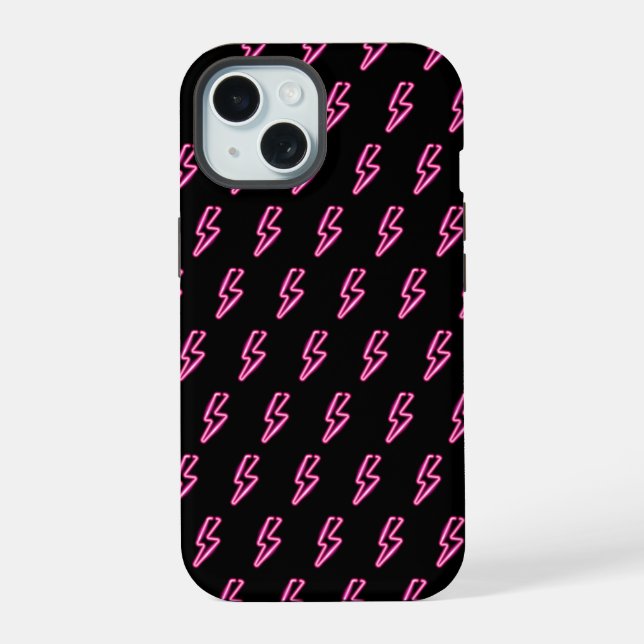 Pink Neon Lightning Bolt Pattern iPhone 15 Case (Back)