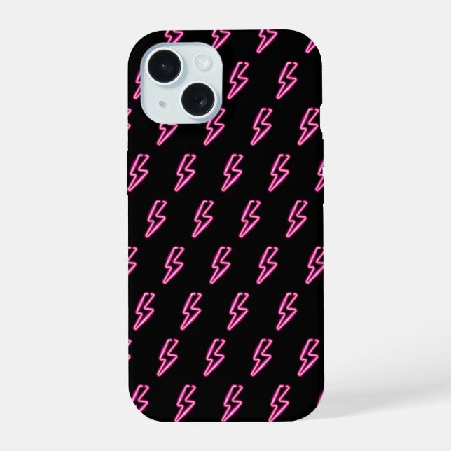 Pink Neon Lightning Bolt Pattern iPhone 15 Case (Back)