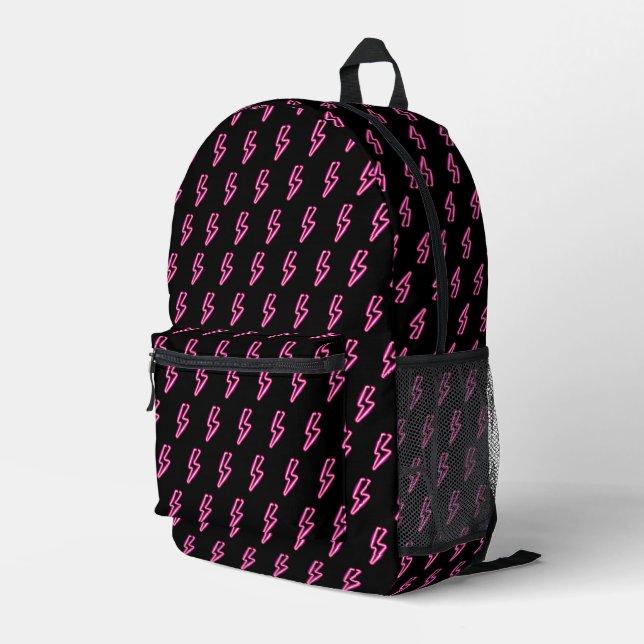 Pink Neon Lightning Bolt Pattern Printed Backpack (Back Corner Right)