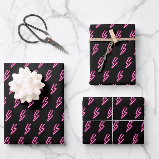 Pink Neon Lightning Bolt Pattern Wrapping Paper Sheet (Front)