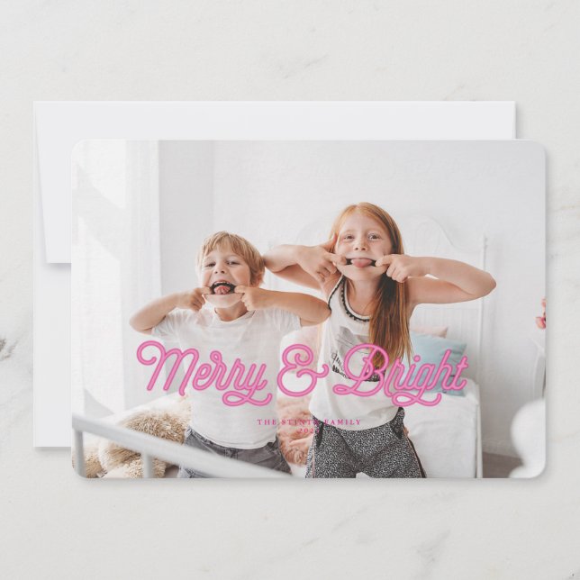 Pink Neon Merry & Bright Christmas Card (Front)