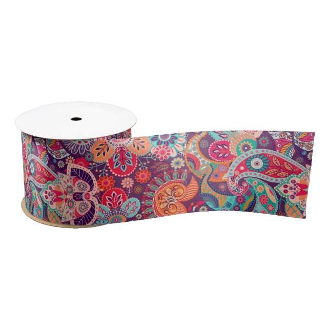 Pink neon Paisley floral pattern Satin Ribbon (Spool)
