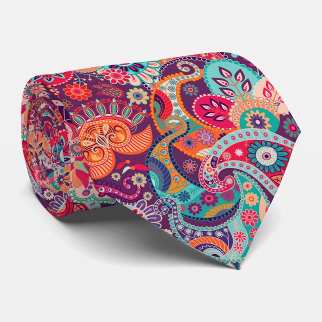 Pink neon Paisley floral pattern Tie (Rolled)