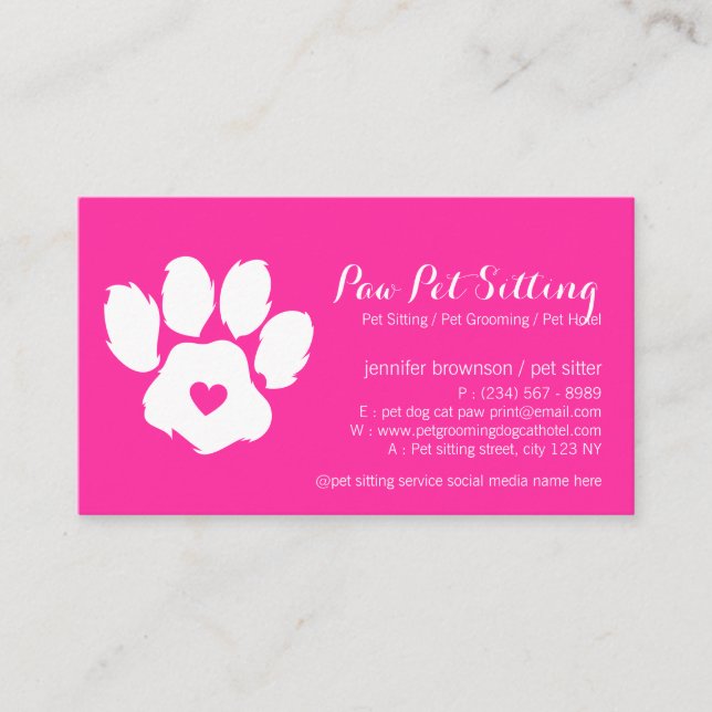 Pink Neon Pet Sitter Social Media Dog Cat Paw Business Card (Front)