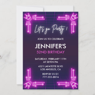 Pink Neon Simple 52nd birthday invitations Girl 