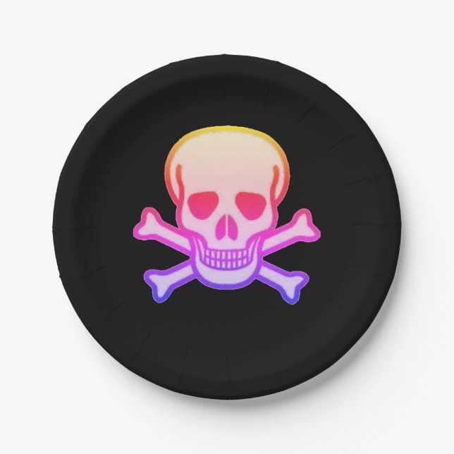 Pink Neon Skull black paper plates (Front)