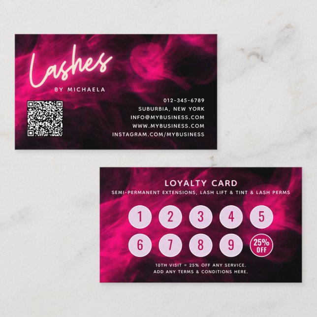 Pink Neon & Smoke Lash Salon QR Code Loyalty Card (Front/Back)