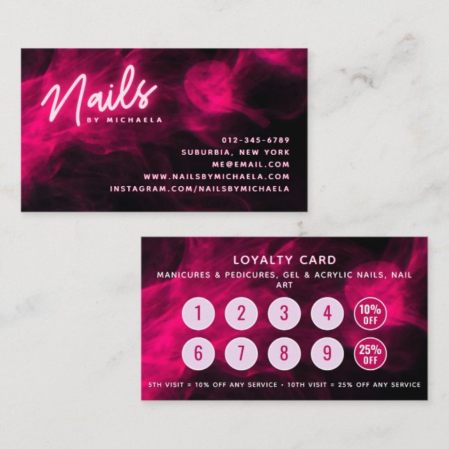 Pink Neon & Smoke Nail Salon Loyalty Card (Front/Back)