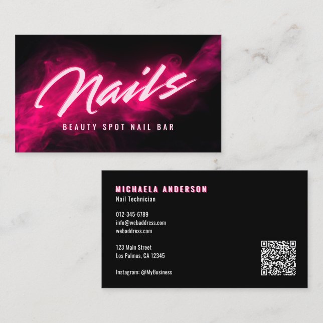 Pink Neon & Smoke Nail Salon QR Code & Socials Business Card (Front/Back)