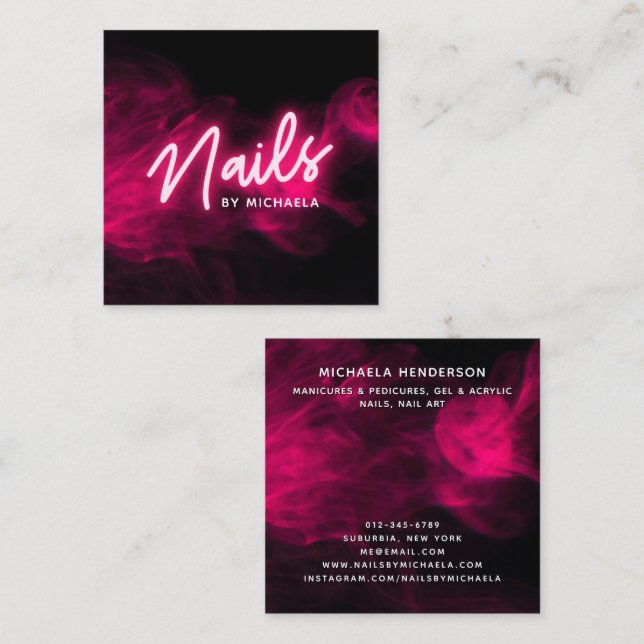 Pink Neon & Smoke Nail Salon/Technician Square Business Card (Front/Back)