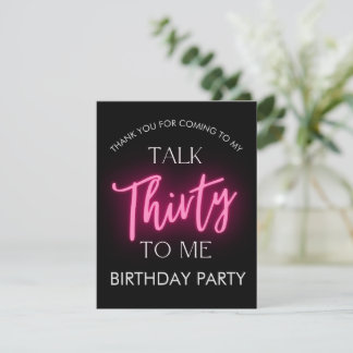 Pink Neon Talk 30 To Me 30th Birthday Party Thank You Card