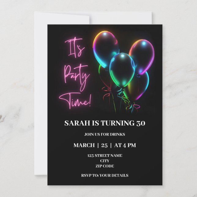 Pink neon themed birthday invitation (Front)