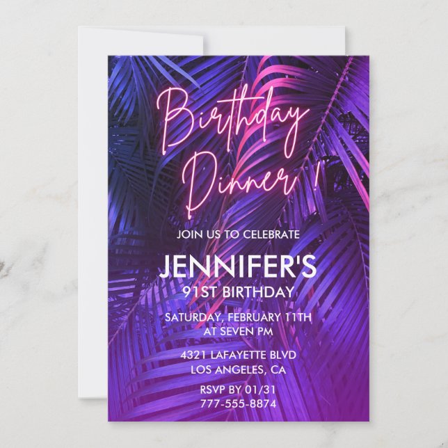 Pink Neon Tropical Dinner 91st birthday Invitation (Front)