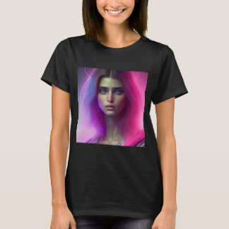 Pink Neon Vibrant Woman Purple Hair Look Wavy Colo T-Shirt