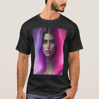 Pink Neon Vibrant Woman Purple Hair Look Wavy Colo T-Shirt