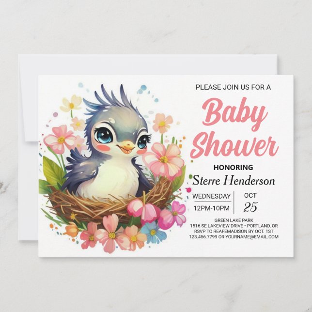 Pink Nest Elegant Bird Baby Shower Invitation (Front)