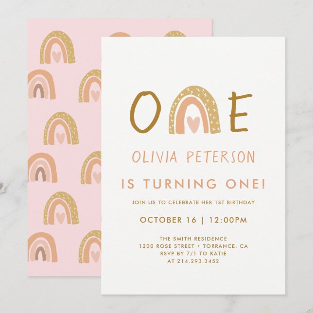 Pink Neutral Rainbow 1st Birthday Invitation Cards (Front/Back)